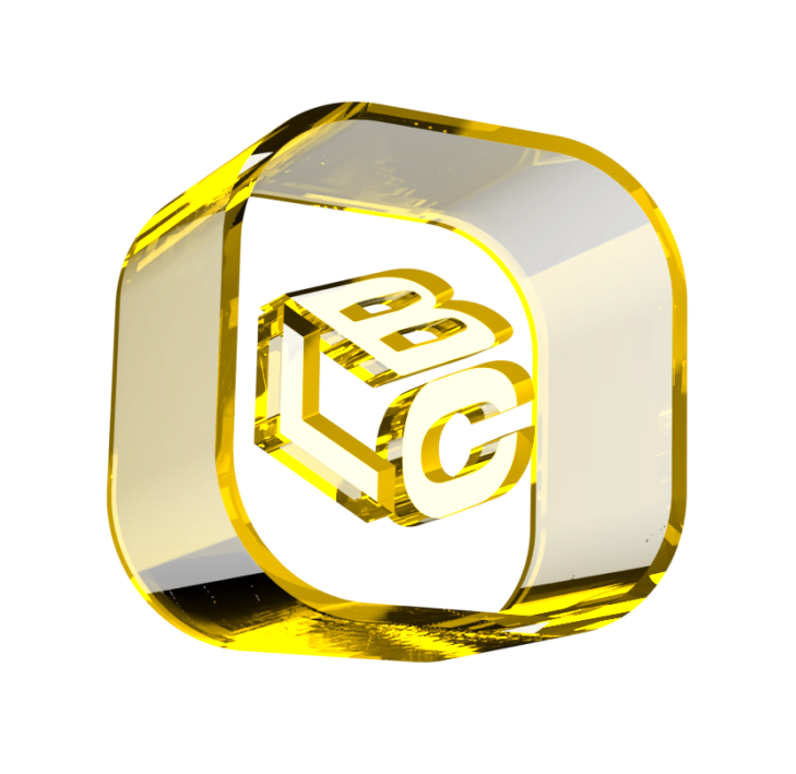 Logo dourado 3D do LCbank com letras B, L e C