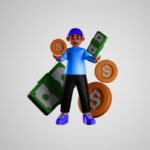 Homem sorrindo com moedas e notas de dinheiro flutuando ao redor