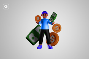 Homem sorrindo com moedas e notas de dinheiro flutuando ao redor