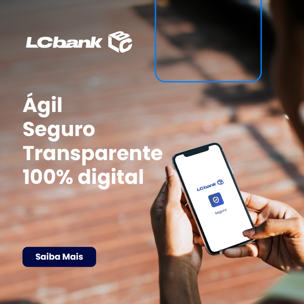 Logo LCbank e celular com app de seguro. Saiba mais.