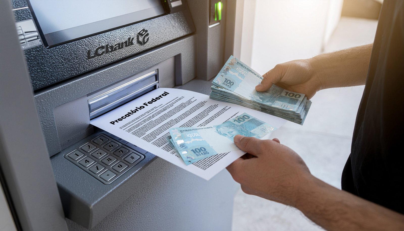 Pessoa saca dinheiro em ATM com documento "Precatório Federal